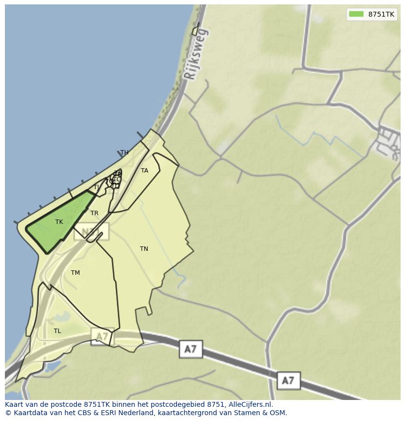 Afbeelding van het postcodegebied 8751 TK op de kaart.