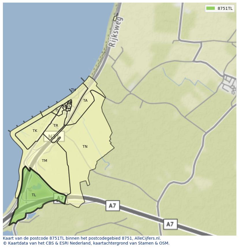 Afbeelding van het postcodegebied 8751 TL op de kaart.