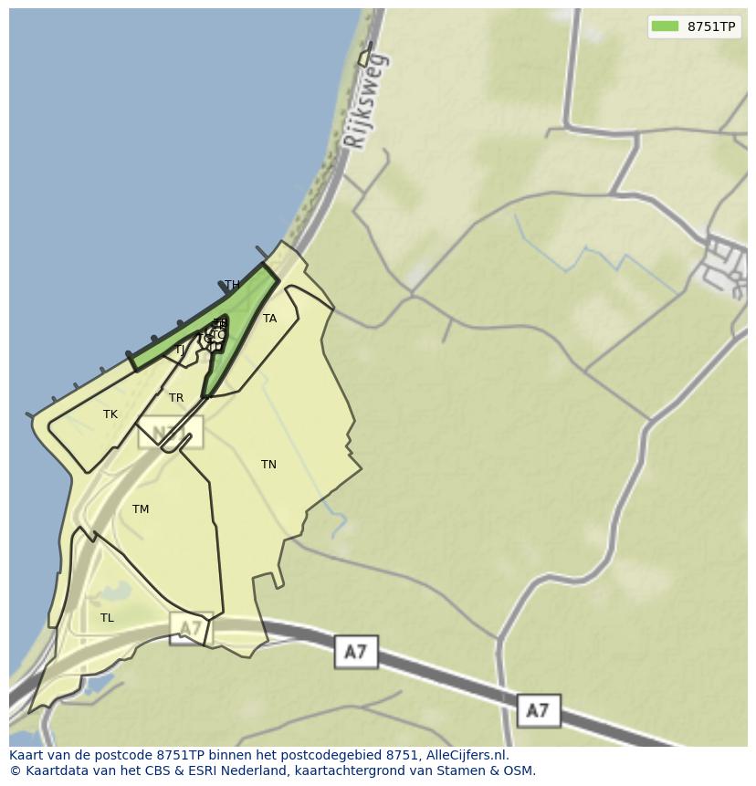 Afbeelding van het postcodegebied 8751 TP op de kaart.