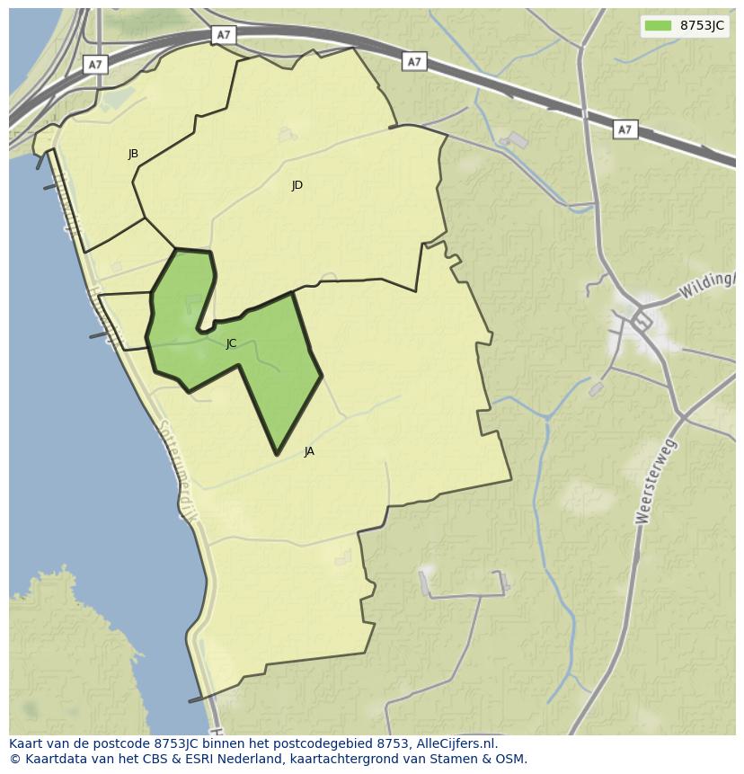 Afbeelding van het postcodegebied 8753 JC op de kaart.