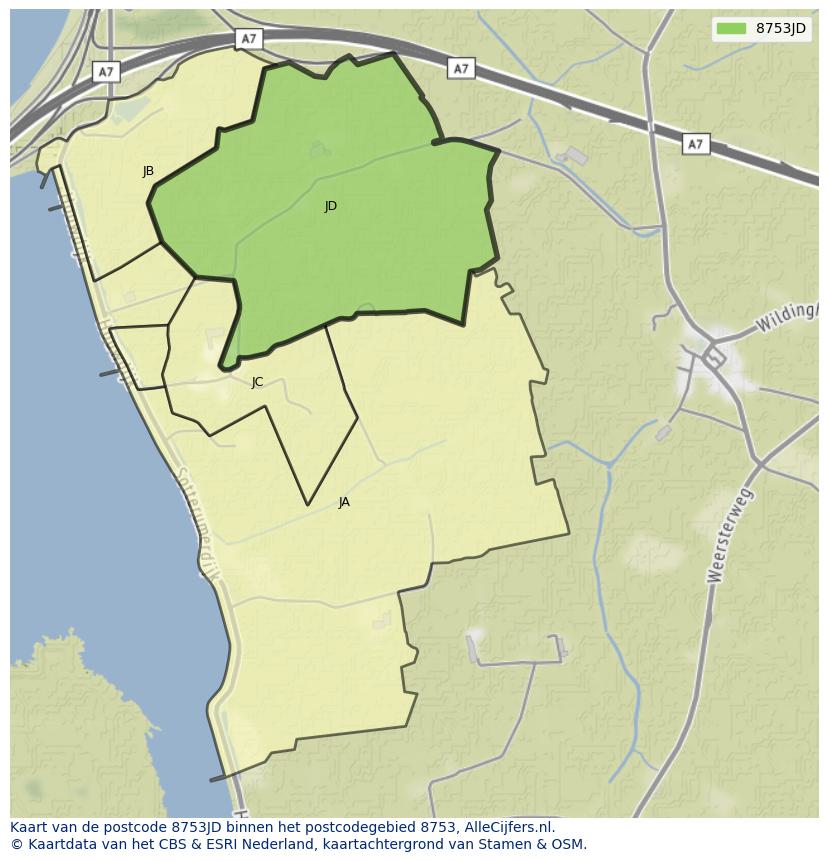 Afbeelding van het postcodegebied 8753 JD op de kaart.