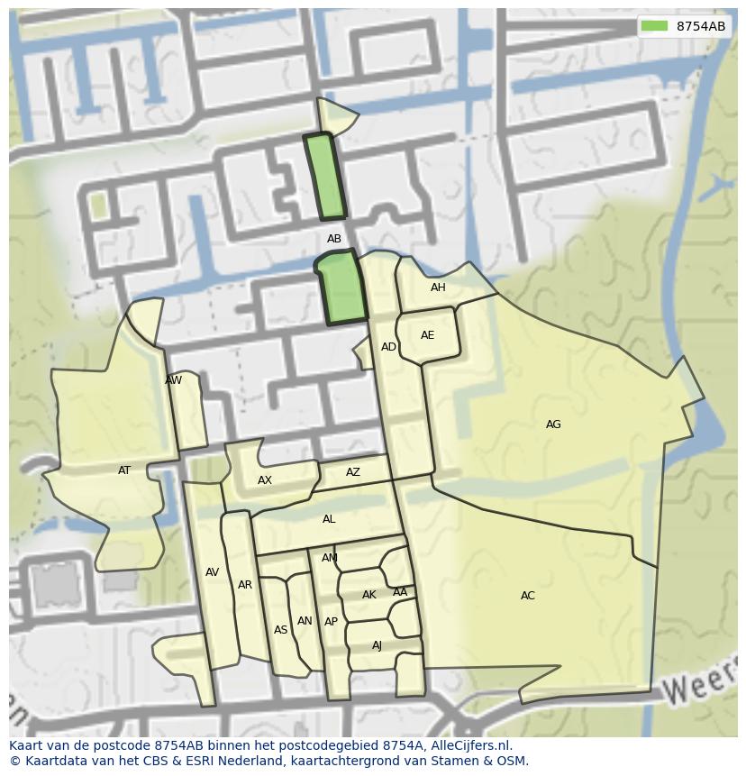 Afbeelding van het postcodegebied 8754 AB op de kaart.