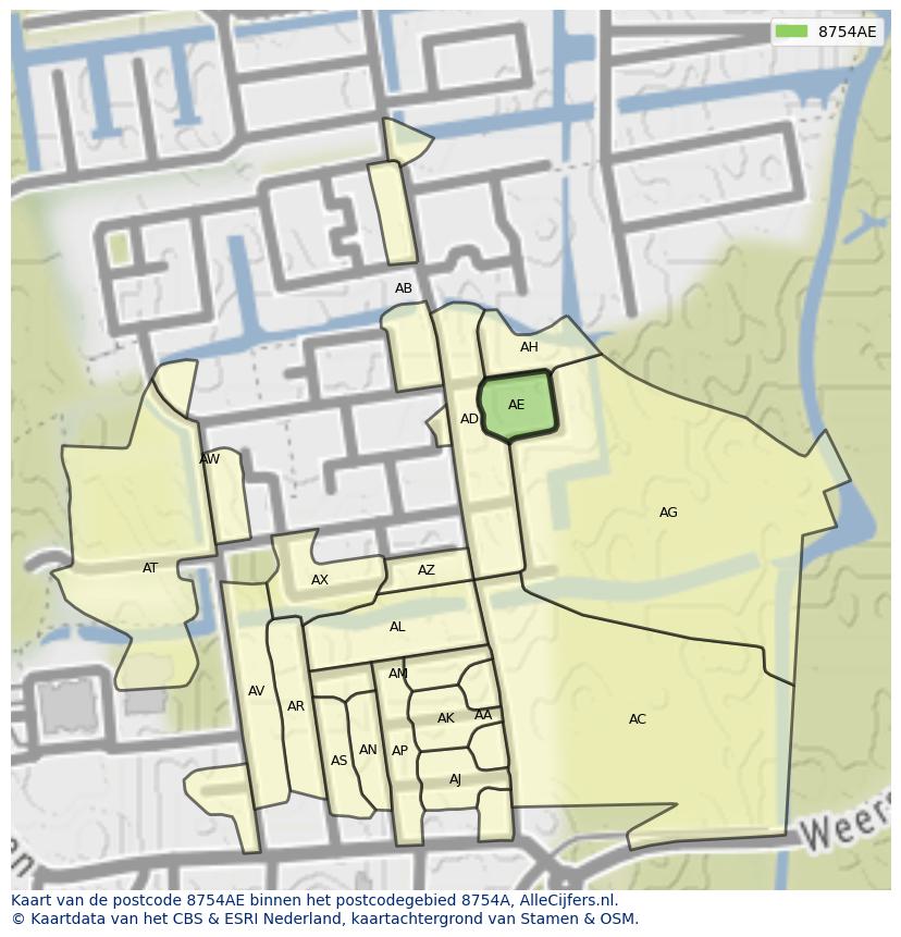 Afbeelding van het postcodegebied 8754 AE op de kaart.