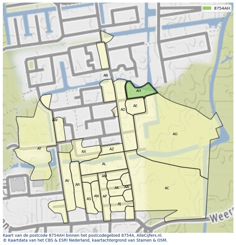 Afbeelding van het postcodegebied 8754 AH op de kaart.
