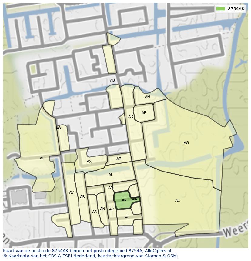 Afbeelding van het postcodegebied 8754 AK op de kaart.