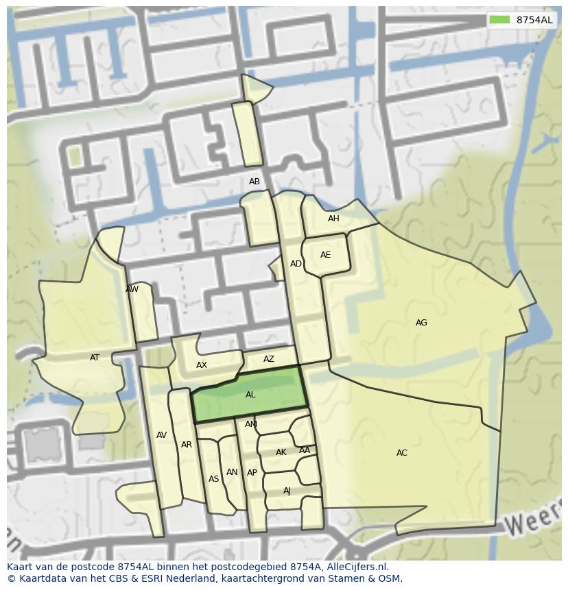 Afbeelding van het postcodegebied 8754 AL op de kaart.