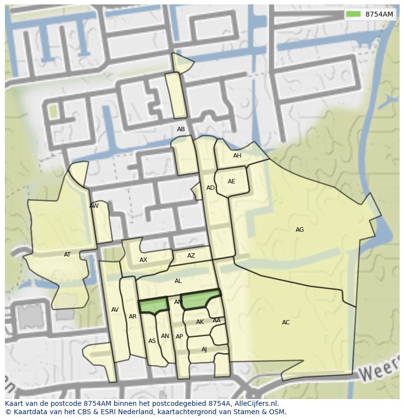Afbeelding van het postcodegebied 8754 AM op de kaart.