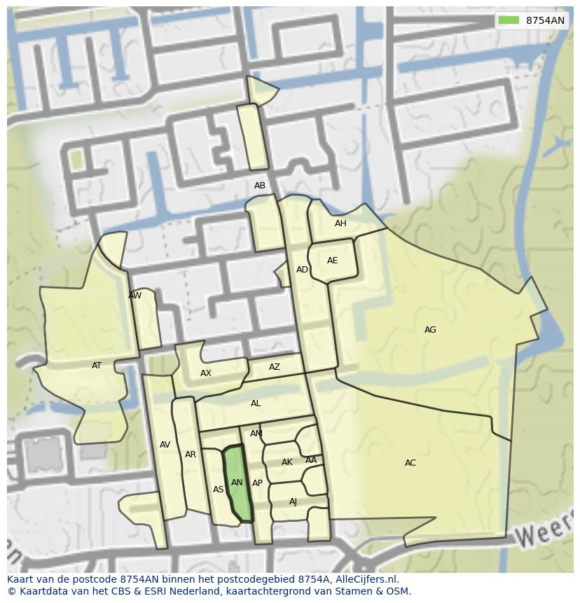 Afbeelding van het postcodegebied 8754 AN op de kaart.
