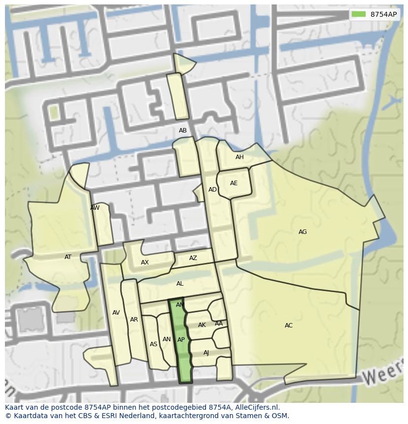 Afbeelding van het postcodegebied 8754 AP op de kaart.