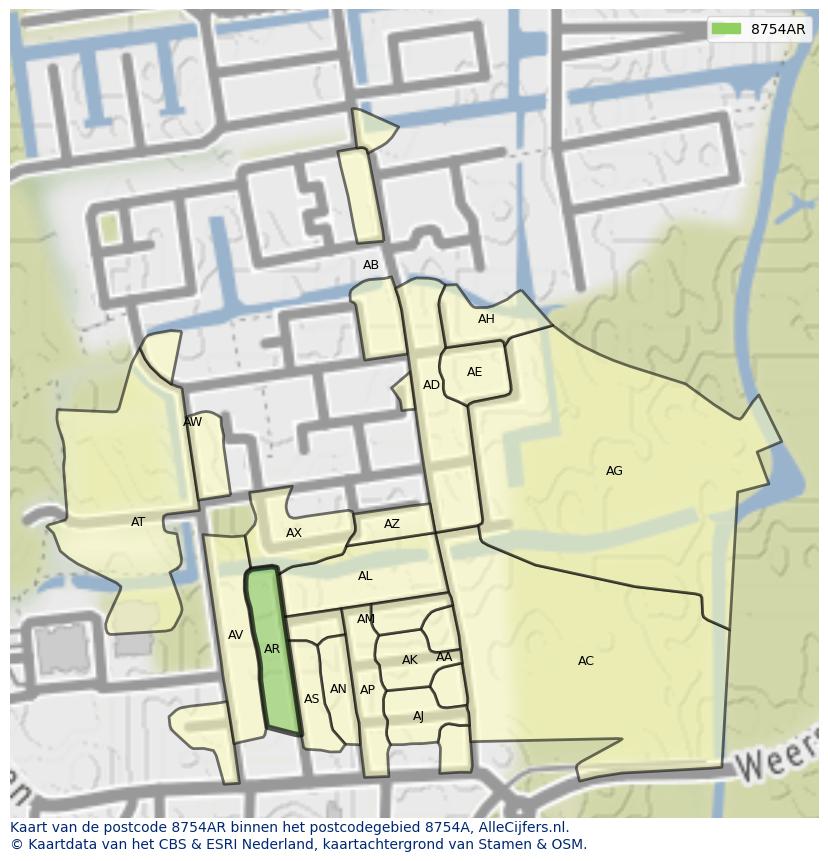 Afbeelding van het postcodegebied 8754 AR op de kaart.