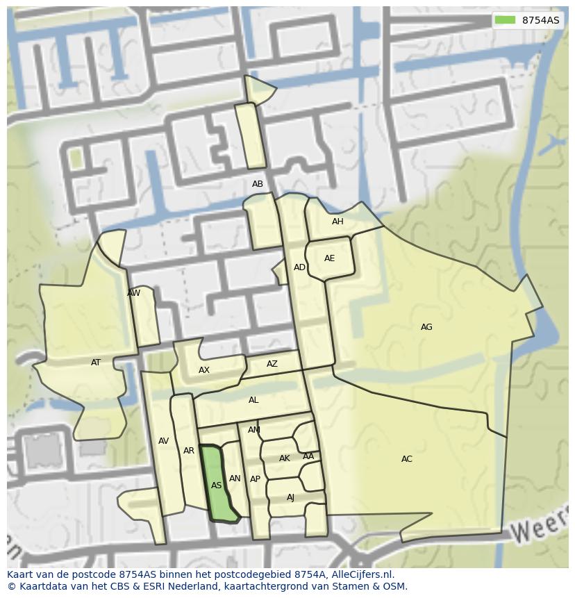 Afbeelding van het postcodegebied 8754 AS op de kaart.
