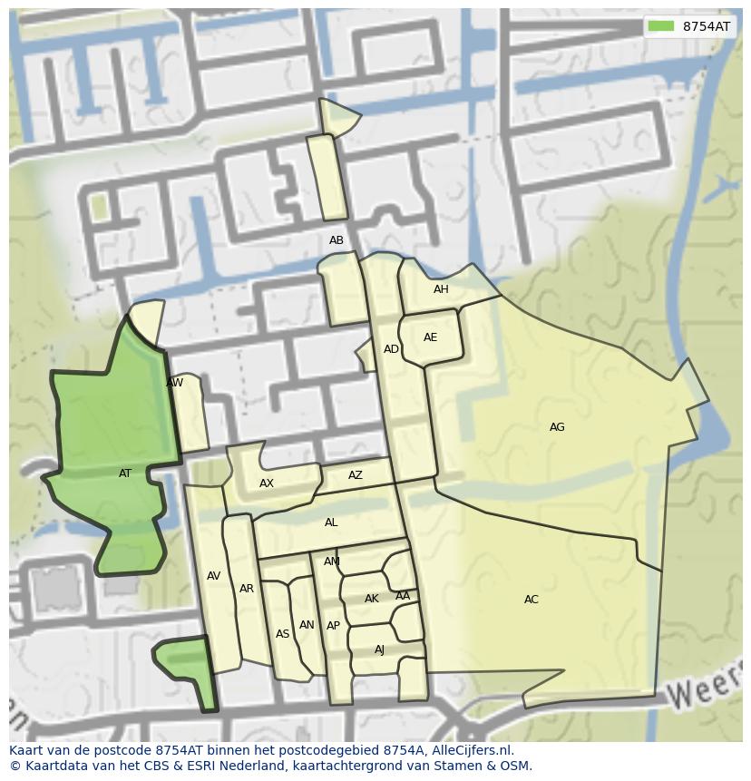 Afbeelding van het postcodegebied 8754 AT op de kaart.