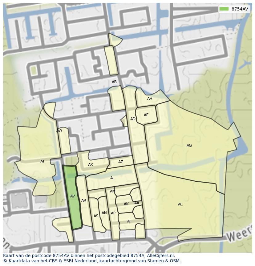 Afbeelding van het postcodegebied 8754 AV op de kaart.