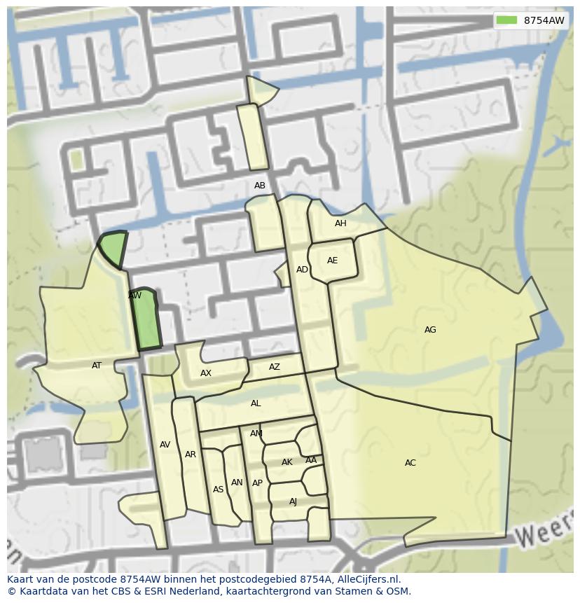 Afbeelding van het postcodegebied 8754 AW op de kaart.