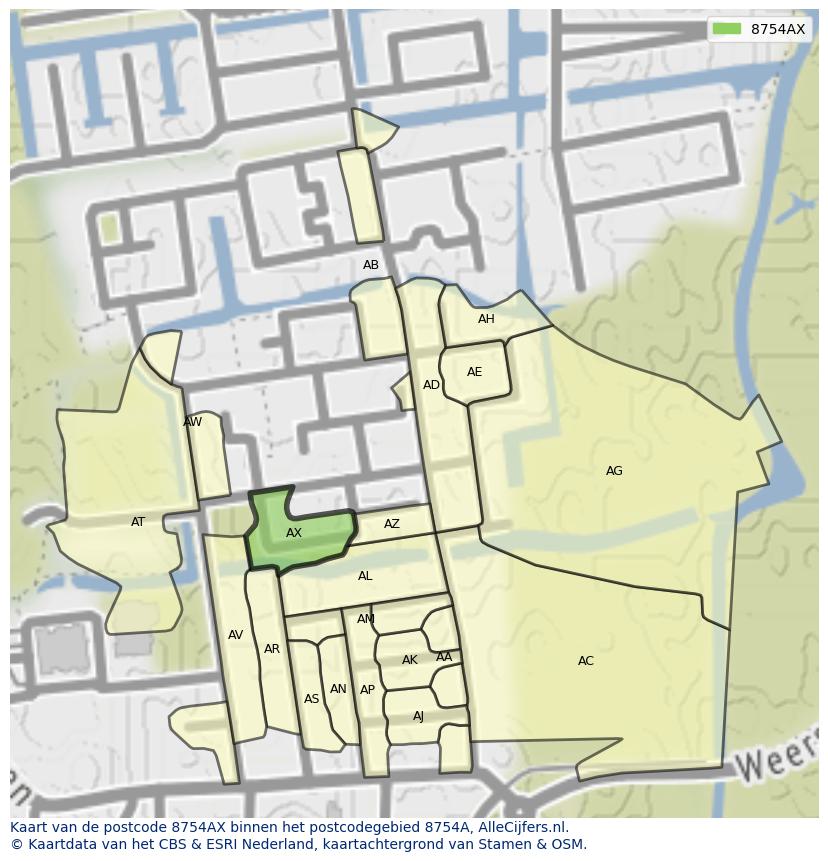 Afbeelding van het postcodegebied 8754 AX op de kaart.