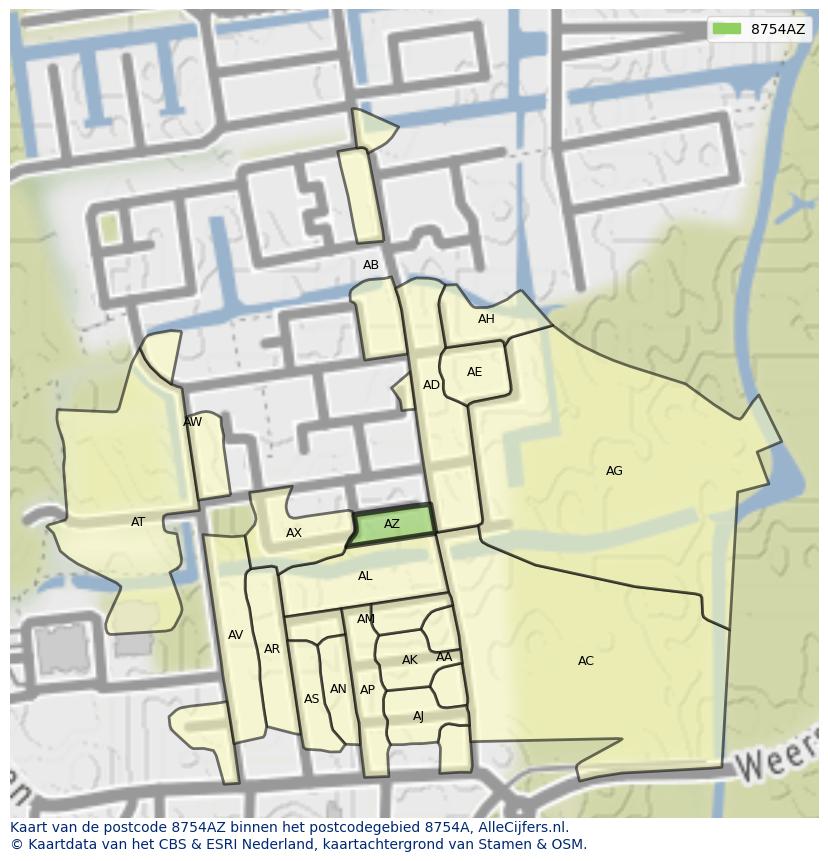 Afbeelding van het postcodegebied 8754 AZ op de kaart.
