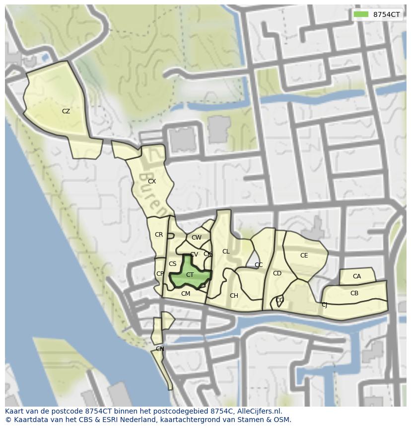 Afbeelding van het postcodegebied 8754 CT op de kaart.