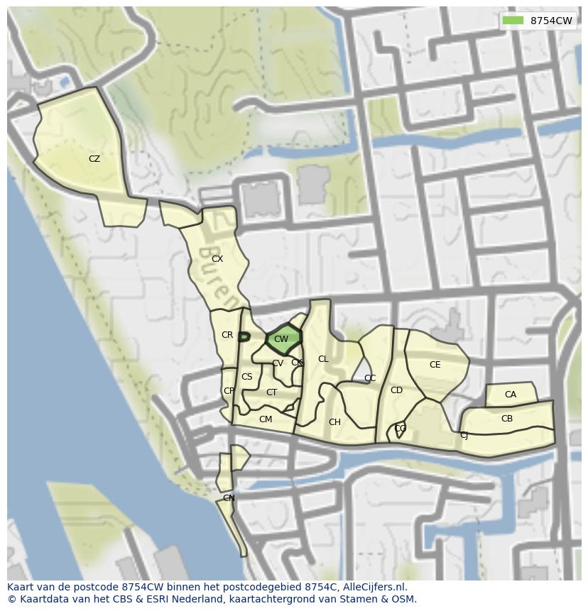Afbeelding van het postcodegebied 8754 CW op de kaart.