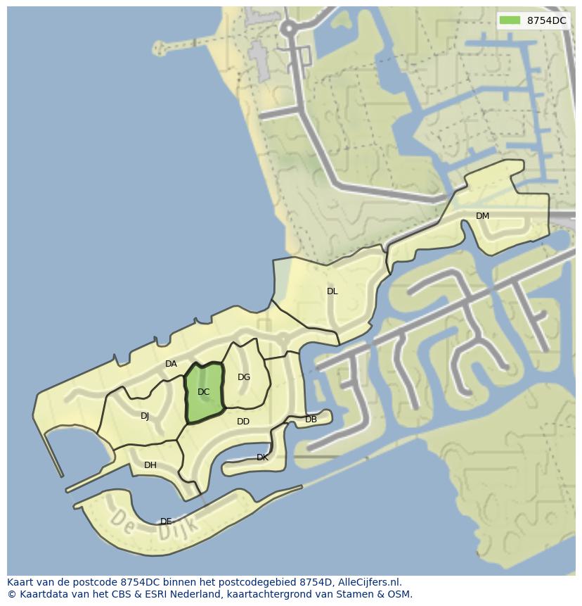 Afbeelding van het postcodegebied 8754 DC op de kaart.