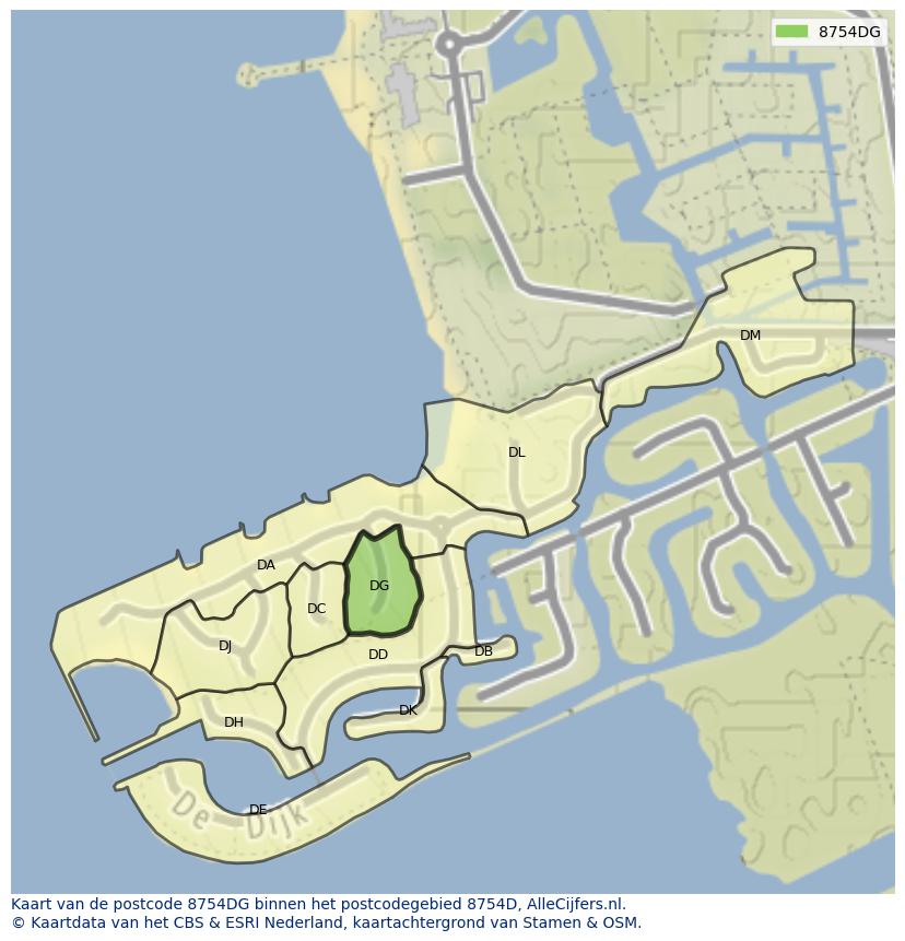 Afbeelding van het postcodegebied 8754 DG op de kaart.