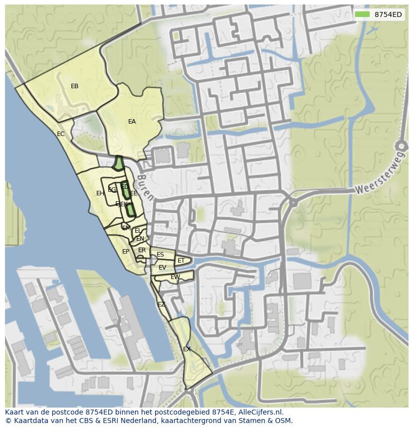 Afbeelding van het postcodegebied 8754 ED op de kaart.