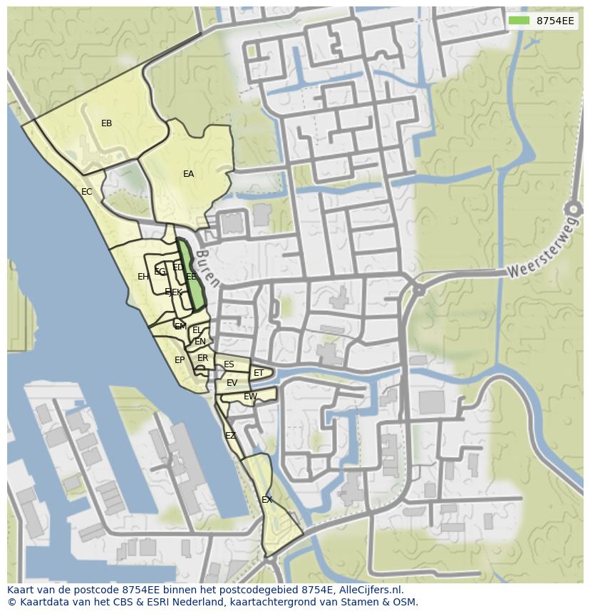 Afbeelding van het postcodegebied 8754 EE op de kaart.