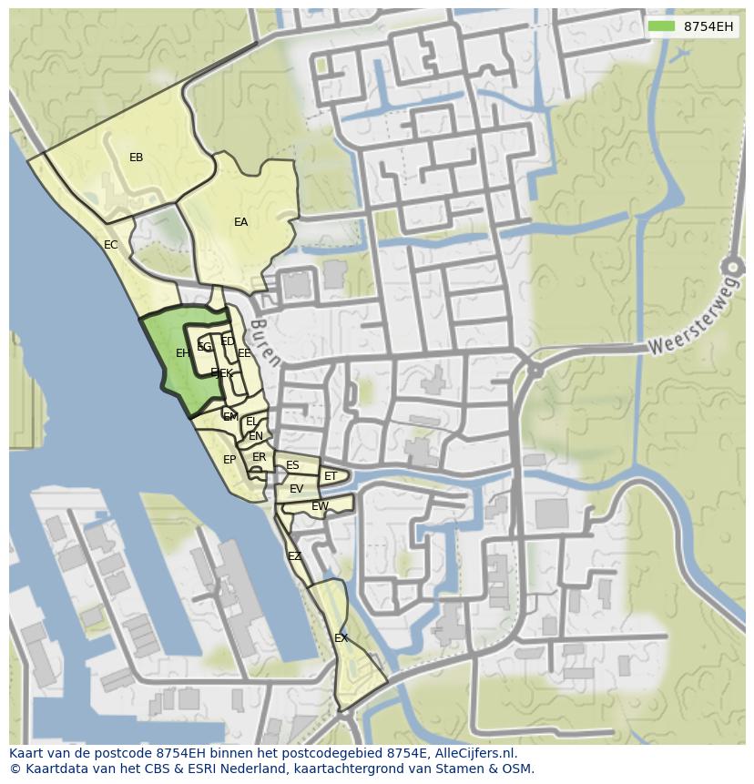 Afbeelding van het postcodegebied 8754 EH op de kaart.