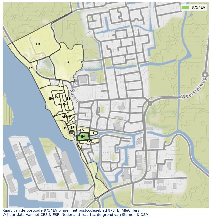 Afbeelding van het postcodegebied 8754 EV op de kaart.