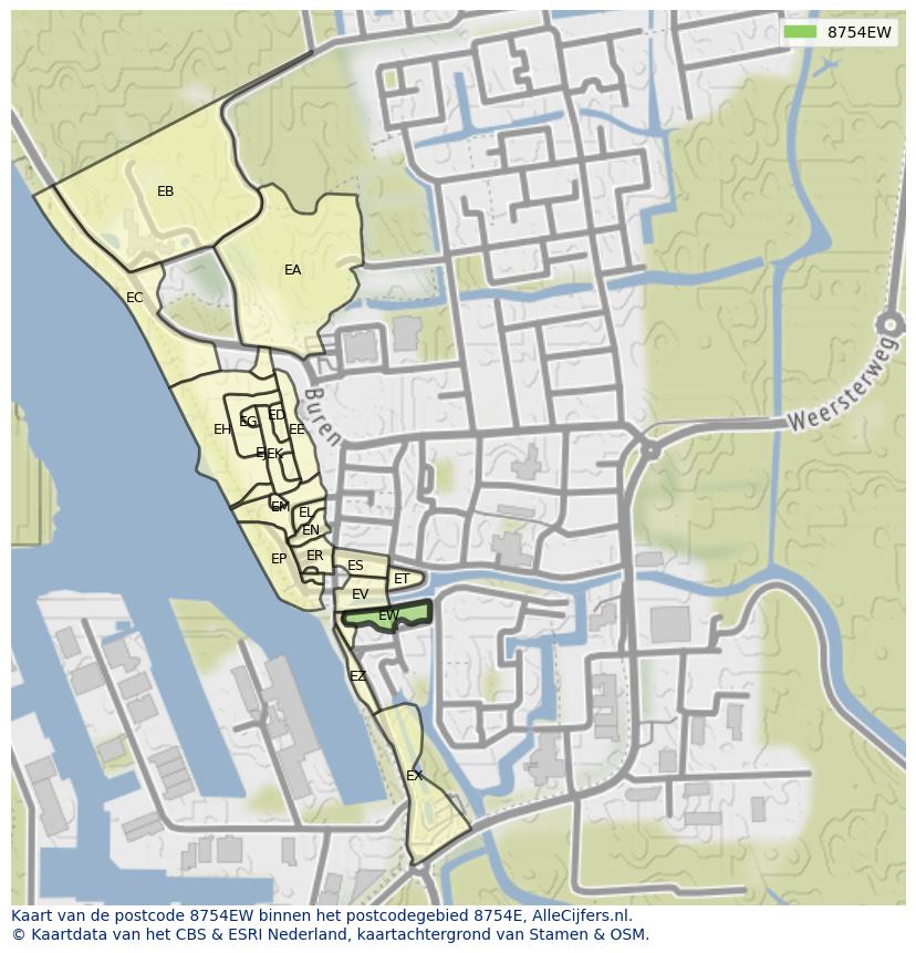 Afbeelding van het postcodegebied 8754 EW op de kaart.