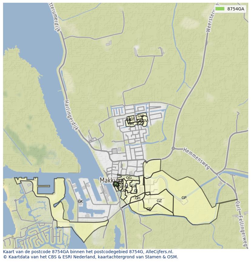 Afbeelding van het postcodegebied 8754 GA op de kaart.