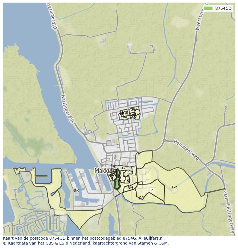 Afbeelding van het postcodegebied 8754 GD op de kaart.