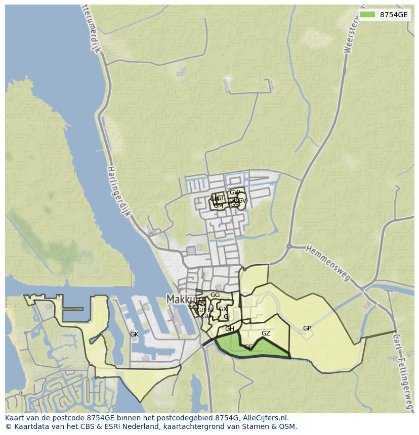Afbeelding van het postcodegebied 8754 GE op de kaart.