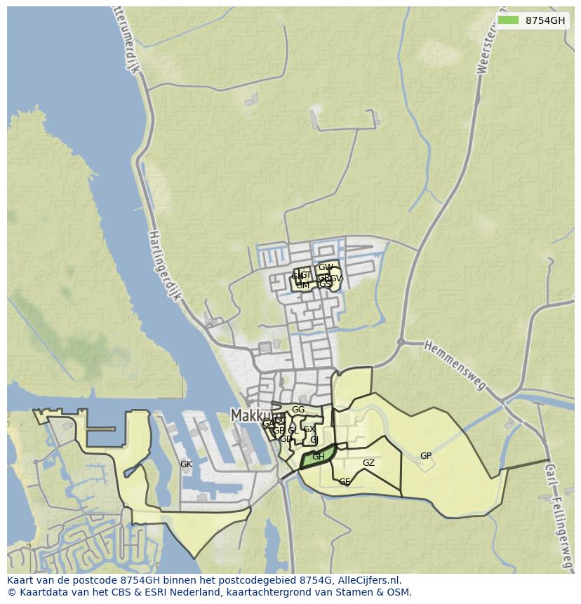 Afbeelding van het postcodegebied 8754 GH op de kaart.