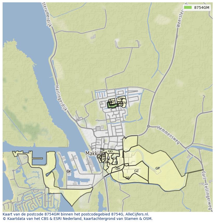 Afbeelding van het postcodegebied 8754 GM op de kaart.