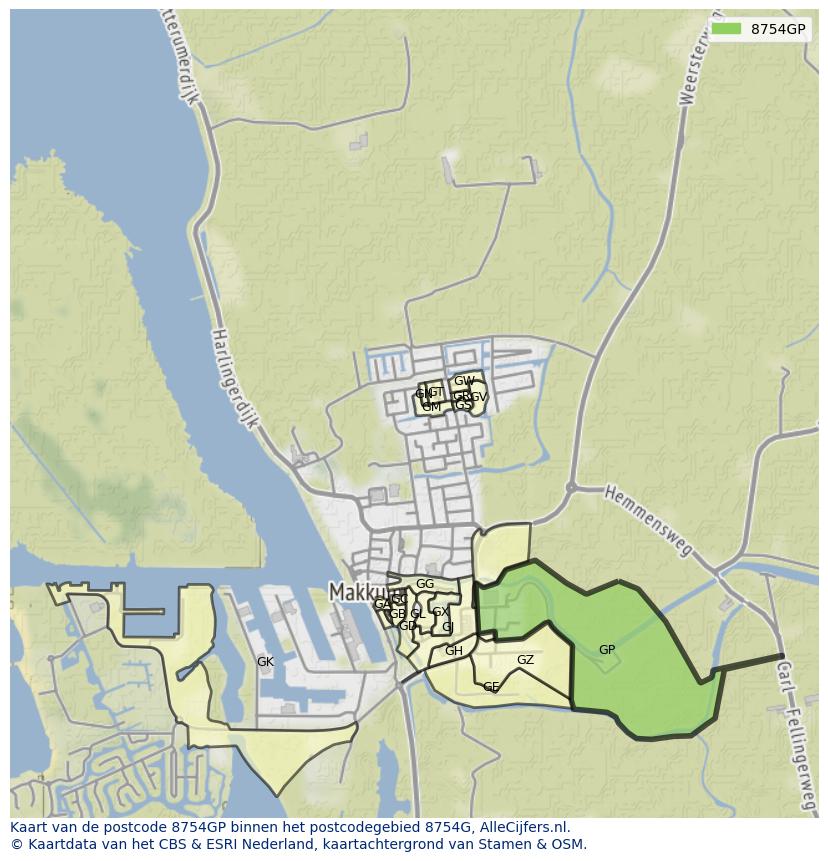 Afbeelding van het postcodegebied 8754 GP op de kaart.