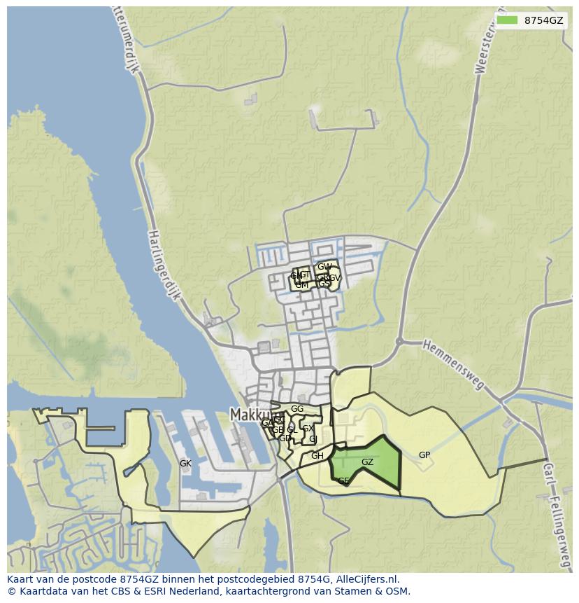 Afbeelding van het postcodegebied 8754 GZ op de kaart.