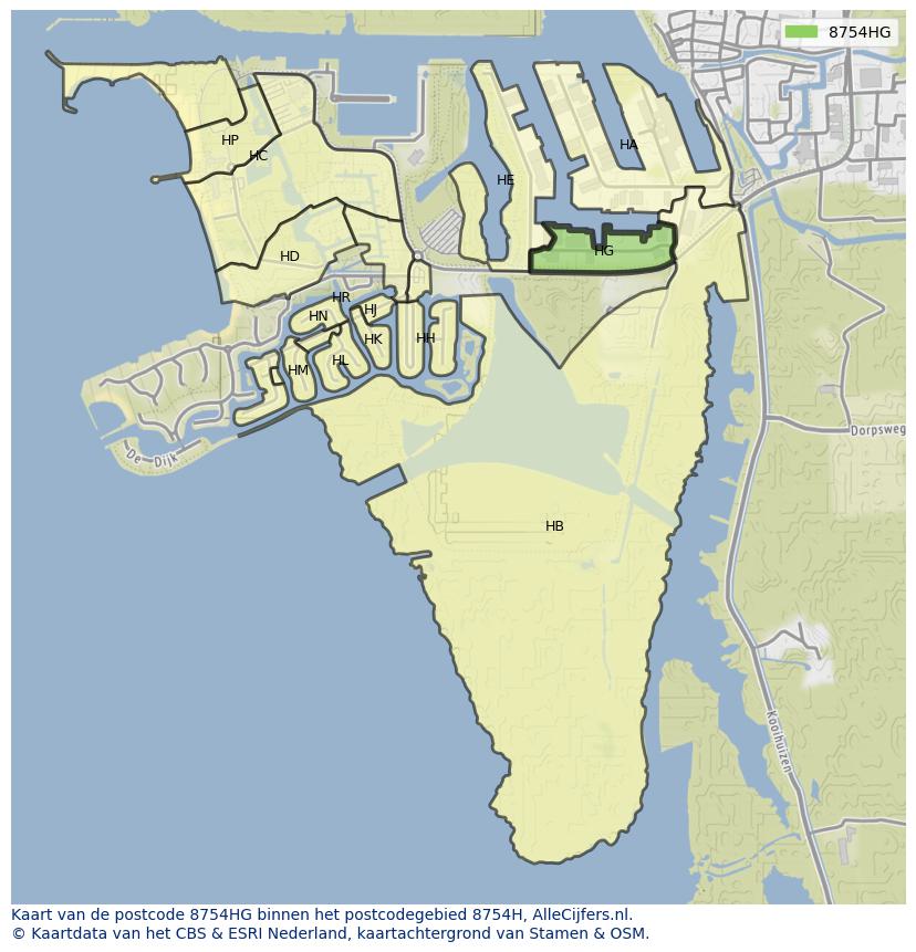 Afbeelding van het postcodegebied 8754 HG op de kaart.