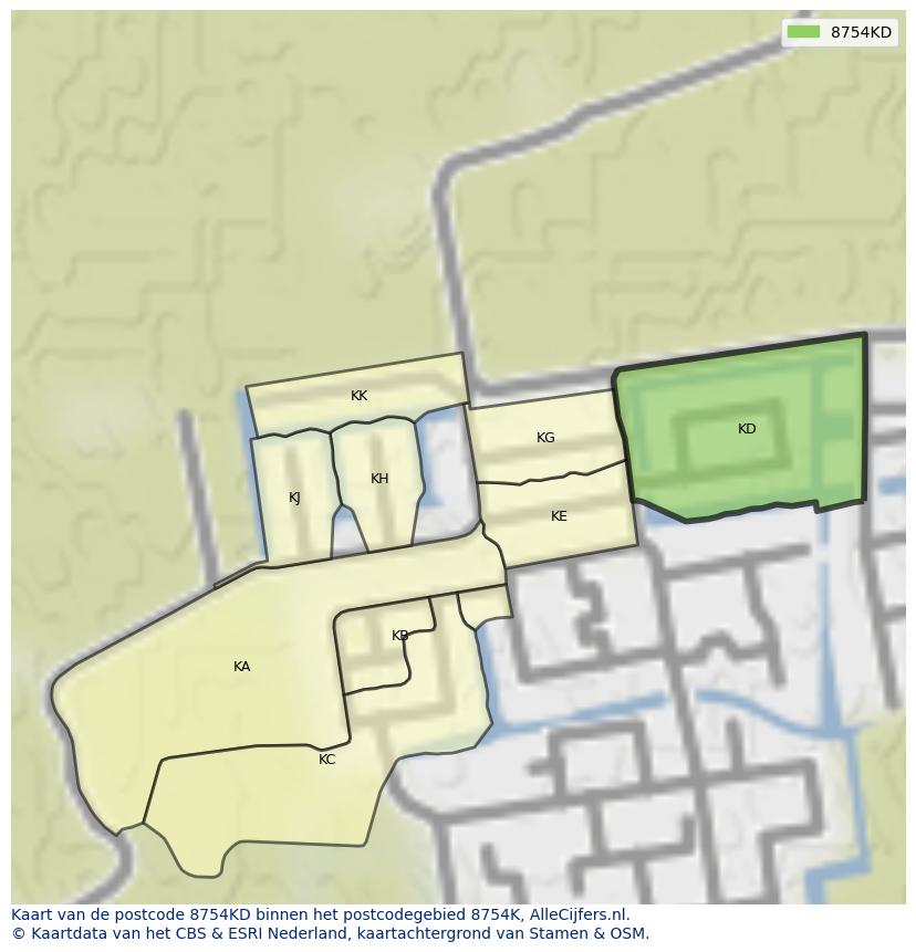 Afbeelding van het postcodegebied 8754 KD op de kaart.
