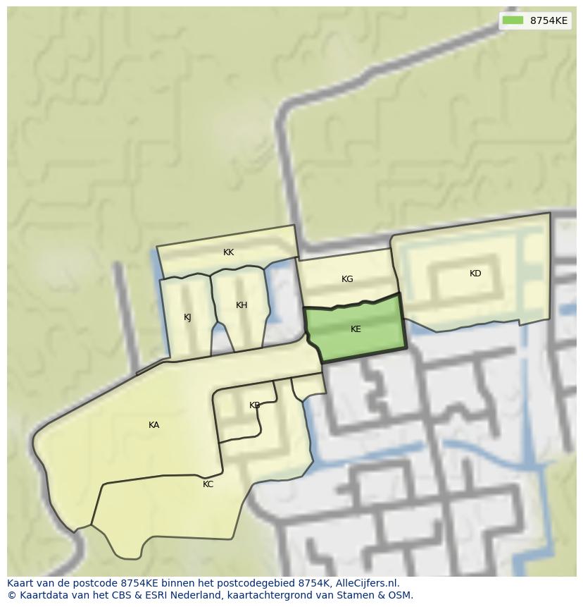 Afbeelding van het postcodegebied 8754 KE op de kaart.