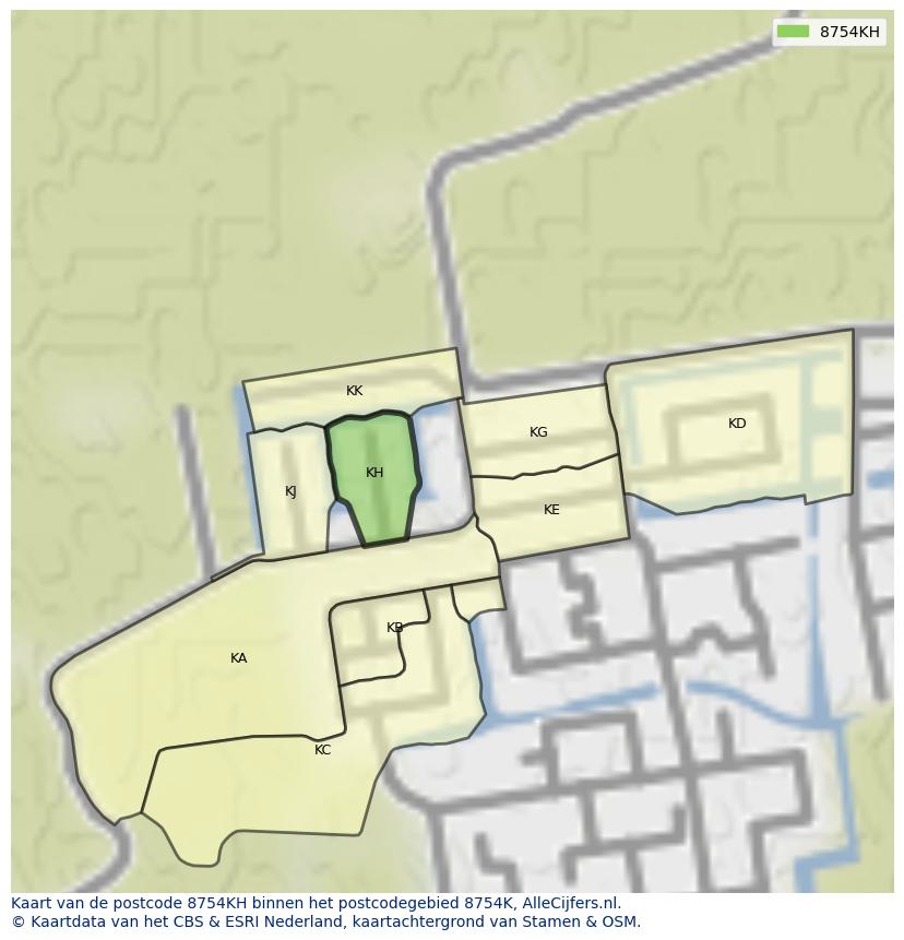 Afbeelding van het postcodegebied 8754 KH op de kaart.