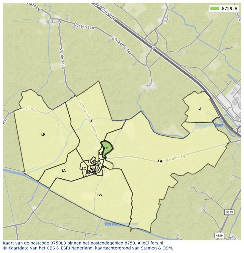 Afbeelding van het postcodegebied 8759 LB op de kaart.