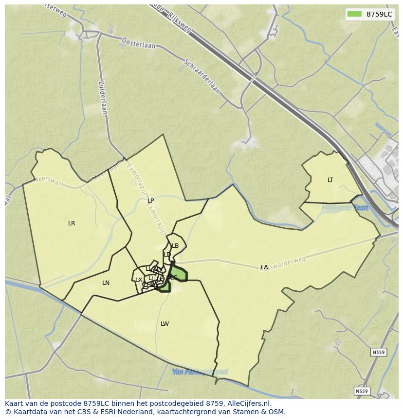 Afbeelding van het postcodegebied 8759 LC op de kaart.