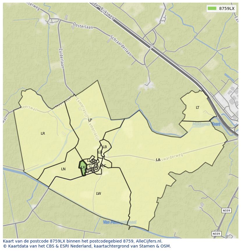 Afbeelding van het postcodegebied 8759 LX op de kaart.