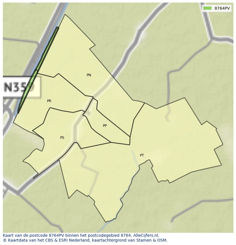 Afbeelding van het postcodegebied 8764 PV op de kaart.
