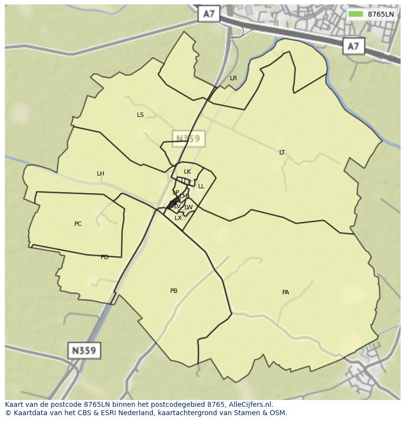 Afbeelding van het postcodegebied 8765 LN op de kaart.