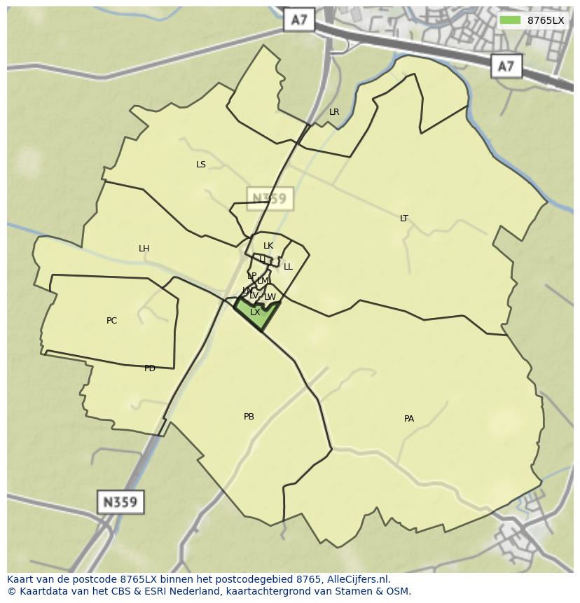 Afbeelding van het postcodegebied 8765 LX op de kaart.