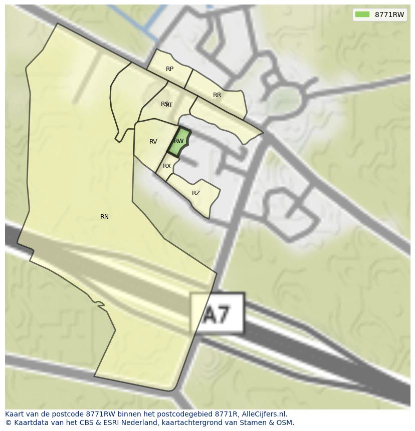 Afbeelding van het postcodegebied 8771 RW op de kaart.