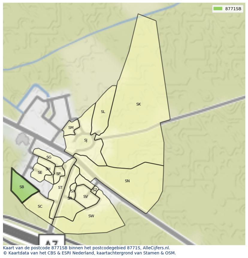 Afbeelding van het postcodegebied 8771 SB op de kaart.
