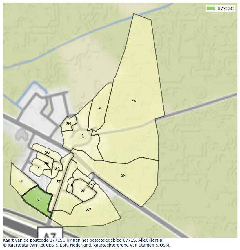 Afbeelding van het postcodegebied 8771 SC op de kaart.