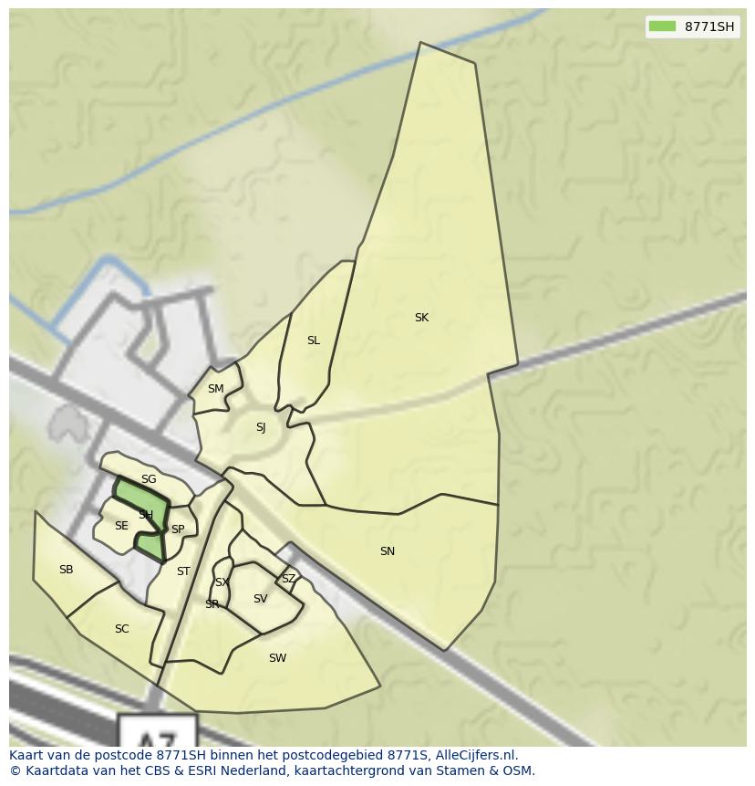 Afbeelding van het postcodegebied 8771 SH op de kaart.